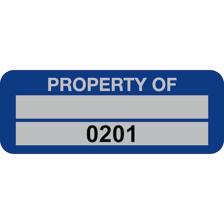 Lustre-Cal Property ID Label PROPERTY OF 5 Alum Blue 2in x 0.75in 1 Blank Pad&Serialized 0201-0300, 100PK 253740Ma2Bd0201